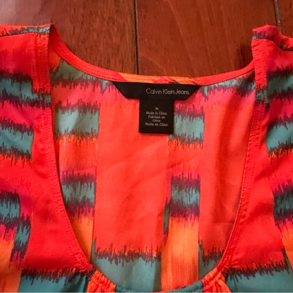 Calvin Klein Top Womens Size M Blue Orange Colorful Boho Drapey Scoop Neck - Picture 2 of 4